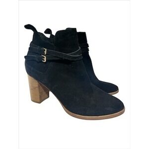 Cole Haan Black Suede Ankle Boots with Wooden Heel & Buckle Straps Size 8.5‎